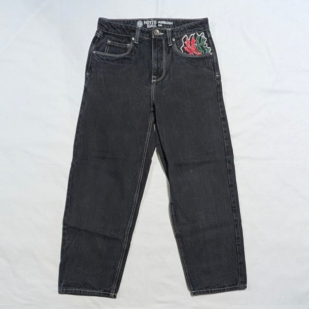 Ninth Hall Ambush Black Embroidered Baggy Jeans Mens 28 Tattoo Eagle Snake